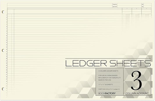 BookFactory Ledger Sheets/Large 3 Column Accounting Ledger Columnar (Three Columns) Loose Leaf Paper - 17'' x 11'', 50 Pages, Loose Leaf, 3 Hole Punched (Made in USA)