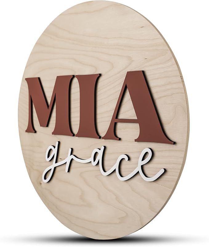 Custom Round Nursery Name Sign, Personalized Wooden Wall Plaque, 12" 18" 24", 30" 3D Wall Art for Children & Kids Rooms, Baby Shower, Hickory Hollow Designs (Mia Grace)