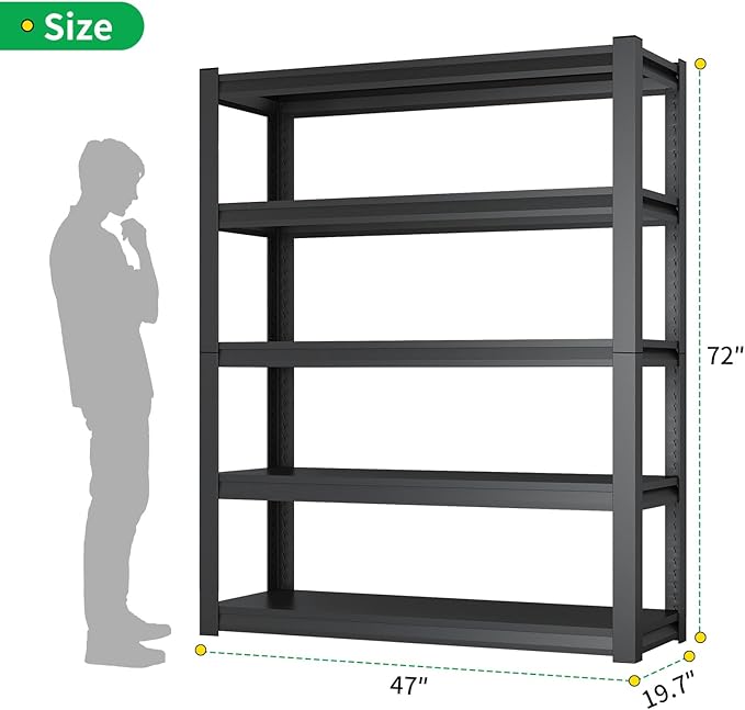 CBCNWR 72''H Garage Storage Shelves, 2800LBS Steel Heavy Duty Storage Shelves, Adjustable 5-Tier Metal Shelf Rack, Heavy Duty Shelving for Garage,Warehouse,Basement,Pantry–Black 47" W x19.7 D x72 H