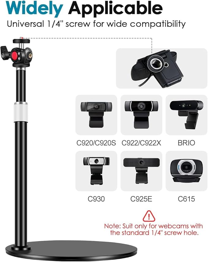 Nycetek Webcam Tripod Stand for Desk: Webcam Stand for Logitech Brio | C920 | C922 | C615 | C930e - Height & Angle Adjustable Desktop Tripod for Light & 1/4" Thread for Live Streaming | Video Calling