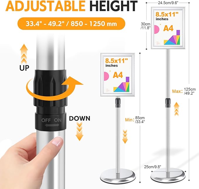 RedChili 2 Pack Sign Holder Stand 8.5x11 Inch, Adjustable Floor Standing Sign Holder Signage Stand with Aluminum Snap-Open Frame Vertical Horizontal View Display For Malls Schools Restaurants (Silver, Sharp Corner)