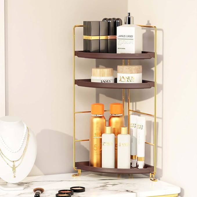 JANUS LiANG 3-Tier Corner Bathroom Organizer Countertop for Storage，Counter Tray and Vanity Organizer，Plastic Counter Organizer for Kitchen, Bathroom, Dresser 10.6 inches (Gold Brown)
