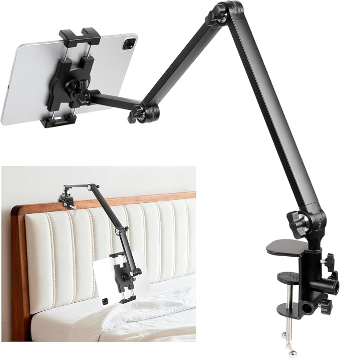 ZUZUXI Tablet Stand Holder for Desk and Bed, Adjustable Aluminum Foldable Arm iPad Mount Clamp on Table Compatible with iPad Air Mini, Galaxy Tabs, 4.7-12.9" Tablets and Phones
