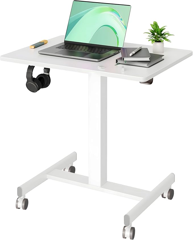 YDN Mobile Mobile Standing Desk, Adjustable Height Portable Laptop Desk with Lockable Wheels, 25.5" x 18.8" Rolling Desk with Hook for Computer Workstation, White