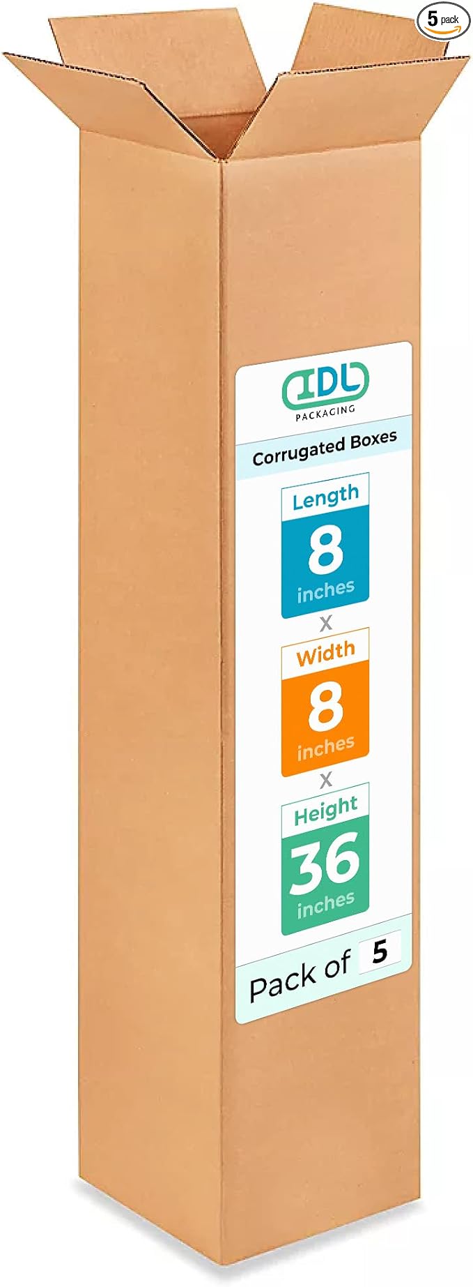 Tall Moving & Shipping Boxes 8 x 8 x 36 inches (5-Pack) - Extra Strength 200 lb vs Regular - Corrugated Packing Boxes for Delivery - Packaging Box for Shipping by IDL Packaging