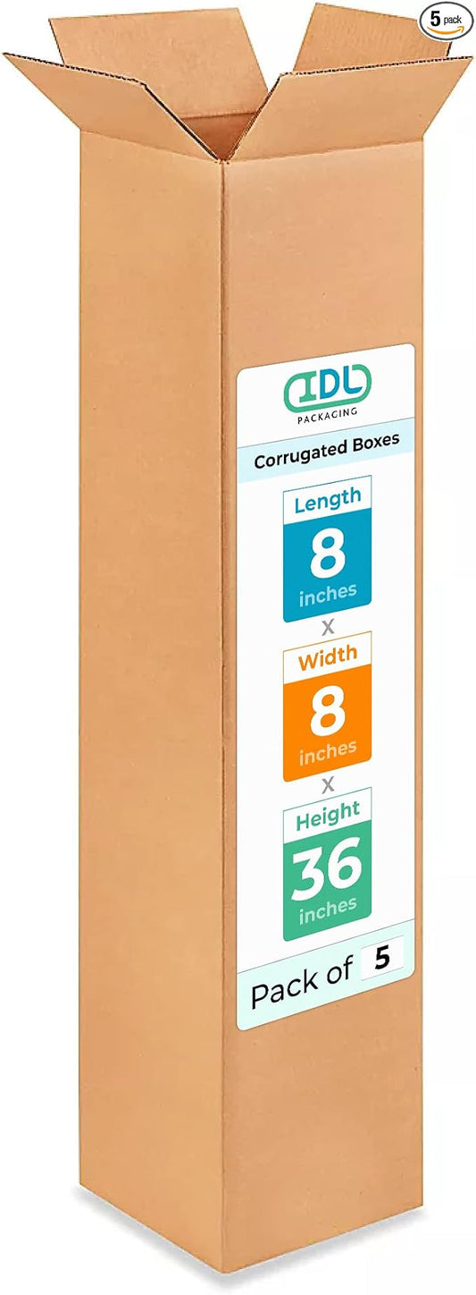 Tall Moving & Shipping Boxes 8 x 8 x 36 inches (5-Pack) - Extra Strength 200 lb vs Regular - Corrugated Packing Boxes for Delivery - Packaging Box for Shipping by IDL Packaging