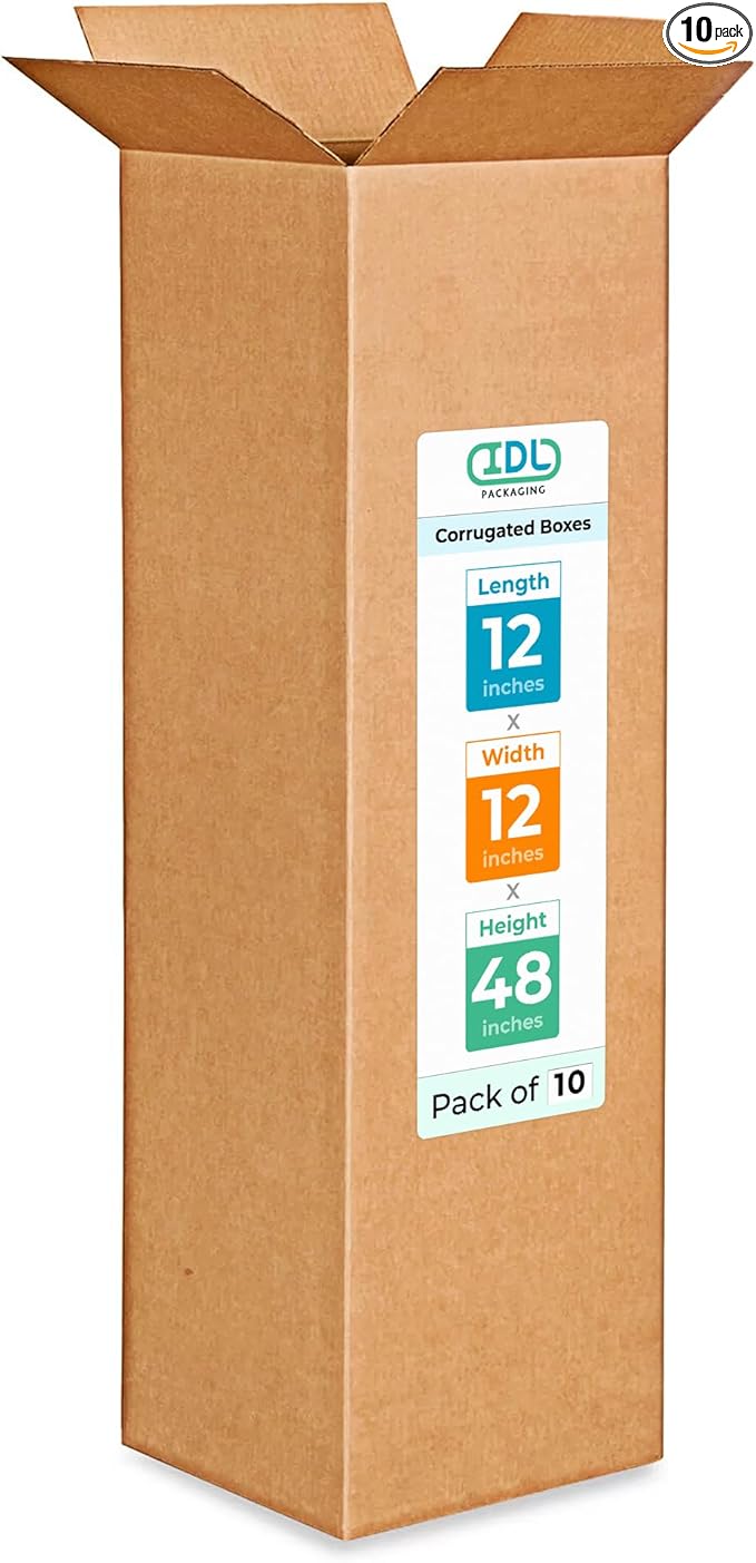 IDL Packaging Medium Corrugated Shipping Boxes 12"L x 12"W x 48"H (Pack of 10) - Prime Choice of Strong Packing Boxes for USPS, UPS, FedEx Shipping - Easy-to-Recycle Cardboard Boxes for Packaging