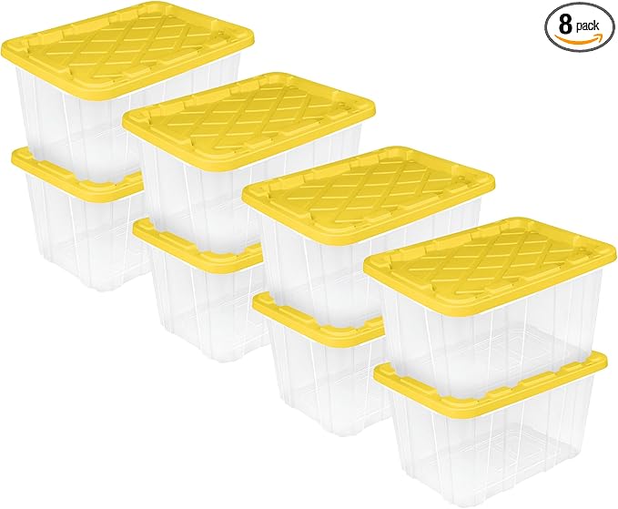 Sterilite 8-Pack 27 Gallon Industrial Tote, Clear Plastic Storage Container Bins with Yellow Lids - Heavy-Duty Organizing Containers for Closet, Bathroom, and Office