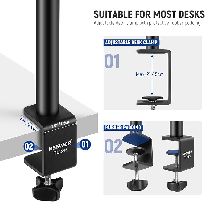 NEEWER Camera Desk Mount with Phone Holder & 360° Ball Head, 17"-40"/43-102cm Telescopic C Clamp Table Light Stand 1/4"Screw, Desktop Stand 6.6lb/3kg Max Load for DSLR Camera, Webcam, Ring Light,TL283