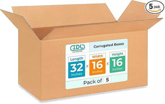 Extra Large Shipping & Moving Boxes 32 x 16 x 16 inches (5-Pack) - Extra Strength 200 lb vs Regular - Corrugated Heavy Duty Moving Boxes - Durable Cardboard Moving Box - Large Box by IDL Packaging
