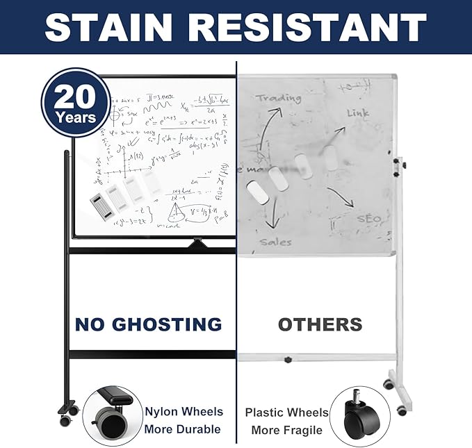Large Dry-Erase Rolling Magnetic Whiteboard - 48 x 32 Inches Dry Erase Board with Stand Height Adjust Double Sides Mobile White Board Easel on Wheels with 25 Sheets Paper Pad Office, Home & Classroom