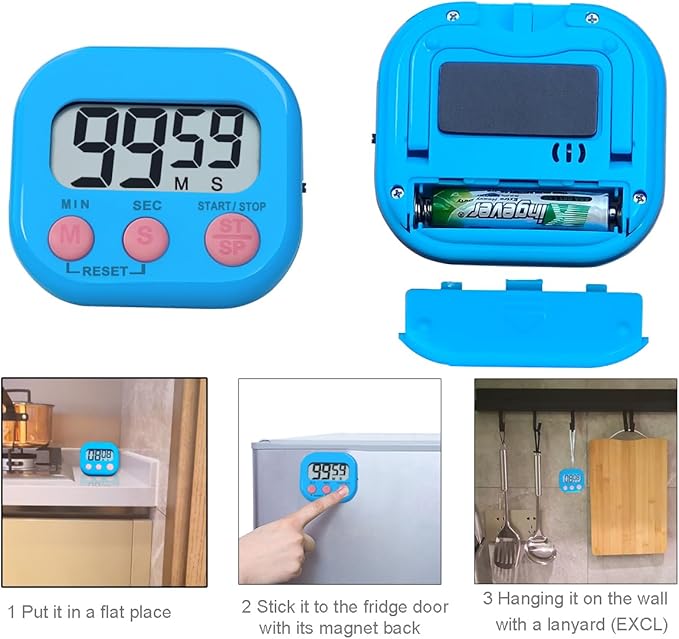 Timers, BESTWYA Magnetic Timer with Clear LCD Screen 3 Big Buttons On/Off Switch Count Up and Down Function for Kitchen,Study,Work,Exercise Training,Outdoor Activities (6,6 Colors)
