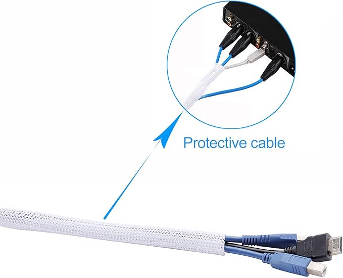 QCSIW 1/2" x25ft Braided Cable Sleeve – Split Self-Wrapping Wire Loom Tubing for USB, Power, Audio/Video Cords – Chew-Resistant Cord Protector, White Expandable Sleeving