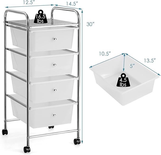 Giantex Rolling Cart with Drawers, Craft Organizer with Wheels, 4 Drawer Storage Container Bins for Home School Office Scrapbook Paper Tools, Clear White