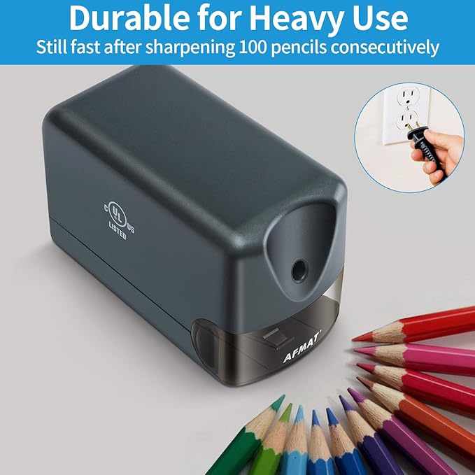 AFMAT Electric Pencil Sharpener, Heavy Duty Pencil Sharpeners for Classroom, Home, UL Listed Pencil Sharpener for 6.5-8mm No.2/Colored Pencils, 10000+ Sharpenings, Gray PS66