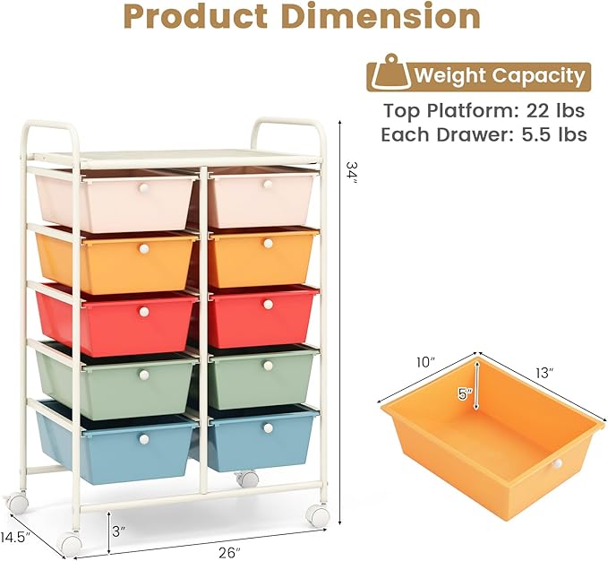HAPPYGRILL 10-Drawer Rolling Storage Cart, Storage Organizer Cart with Lockable Wheels, Beauty Salon Movable Utility Cart for School, Office, Home, (Macaroon Colorful)