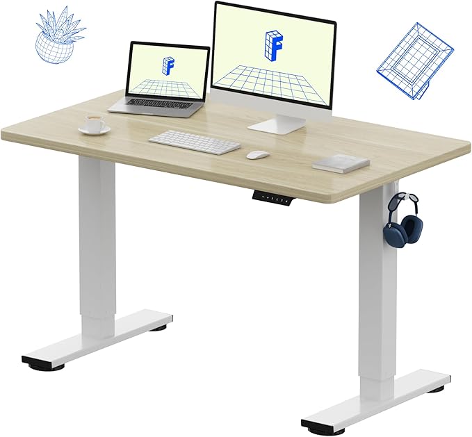 FLEXISPOT EN1 One-Piece Standing Desk with 1-Inch Thick Seamless Desktop, 48"x30" Electric Height Adjustable Desk for Home Office, Multi-Monitor Setups & Easy Assembly, White Wood Grain
