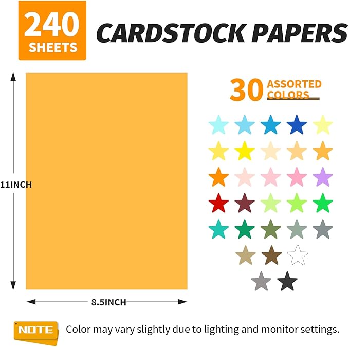 INFOOD 240 Sheets 8.5" X 11" Colored Cardstock Bulk, 30 Assorted Colors Construction Paper Card Stock Paper for Printing, Card Making, DIY Crafts, School & Office Supplies, Party Decorations, 180 GSM