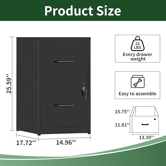 Yukimo 2 Drawer File Cabinet with Lock, Vertical File Cabinet with Lock, Locking File Cabinet Hanging Files for A4/ Legal/Letter, Require Assembly, Black