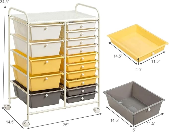 LDAILY 15 Drawer Rolling Storage Cart, Rolling Cart with Drawers for Classroom, Art Supply Craft Organizer on Wheel with Metal Frame & Handles for Home Office School