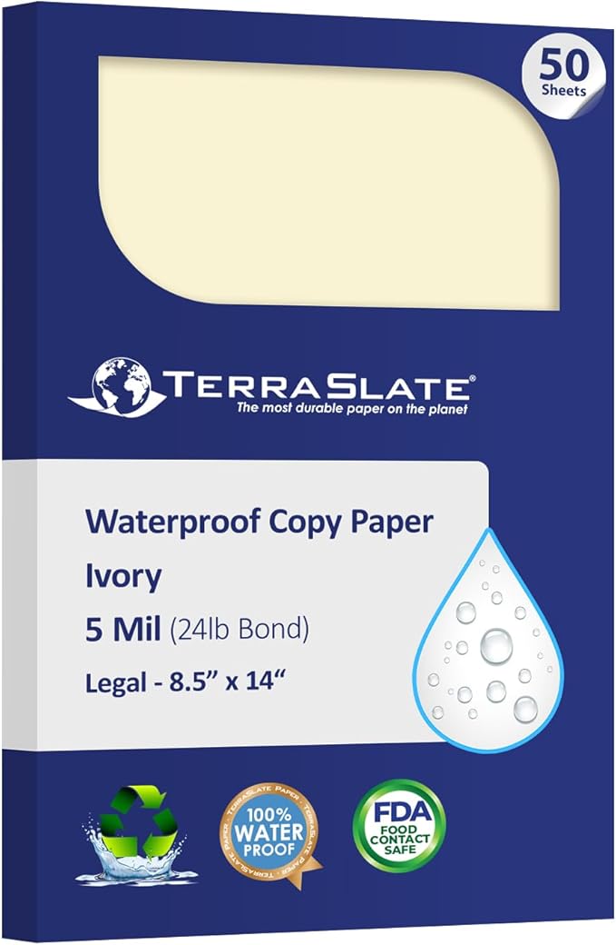 TerraSlate Waterproof Paper, Rip-Proof Colored Paper, Ivory, 50 Sheets, 5 Mil (24lb Bond), 8.5” x 14”, Laser Printer and Copy Machine Compatible