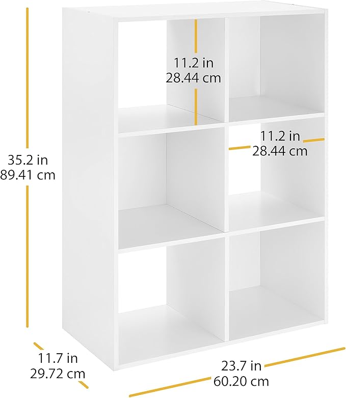 Whitmor 6 Cube Bookcase, 3 Tier Stackable MDF Bookself, Open Storage Display Organizer, Storage Cabinet for Living Room, Bedroom, Home, Office, 23.7" L x 11.7" W x 35.2" H, White