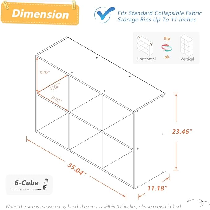 NELYE 6 Cube Organizer Bookcase - Fabric Storage Bins Container, Open Shelf Simple Compartments Bookshelf, Oak