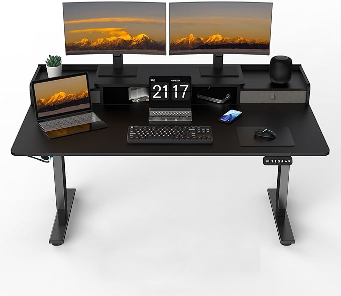 ExaDesk 63 x 30 Inch Electric Standing Desk with 2 Drawers, Adjustable Height Widened Stand Up Desk with Storage, Sit to Stand Ergonomic Workstation for Home Office, Classic Black