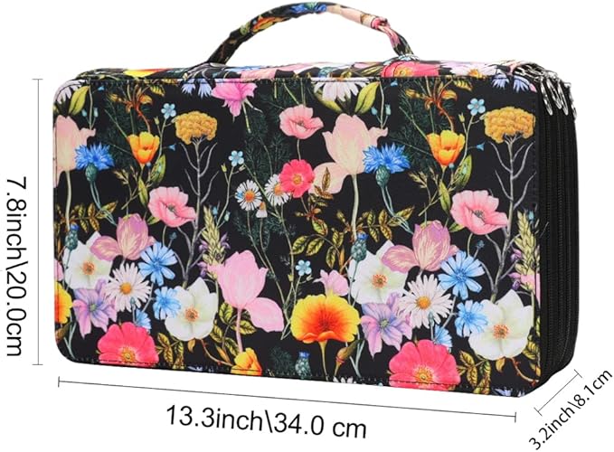 Large Capacity Black Flower Pencil Holder with Zipper Closure Twill Fabric Pencil Case for 300 Colored Pencils or 200 Gel Pens