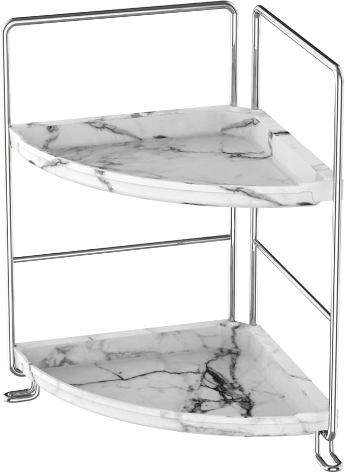 JANUS LiANG 2-Tier Corner Bathroom Organizer, Countertop Perfume Makeup Shelf Cosmetics Storage Shelf Display Rack Vanity Shelf,Kitchen Spice Rack,PP Imitation Marble Design,Tool-Less Install(Silver)