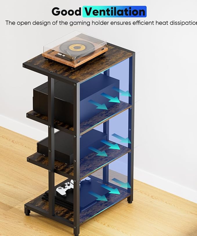 Ardier 4-Tier Wooden Media Stand, AV Media Stand Corner Shelf for TV Accessories/Audiovisual Equipment/Optical Disc/PS4, Audio Storage Rack for Living Room, Gaming Room, Music Studio, Black
