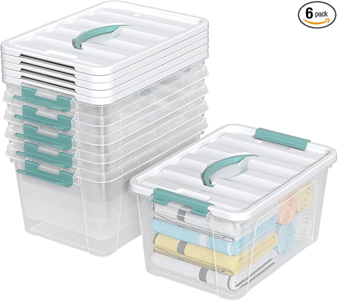 Loiycg 6 Pack Plastic Latching Box with Handle, 12 Quart Clear Lidded Storage Bin