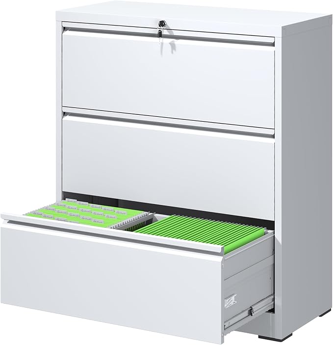 FLIXELIO File Cabinets 3 Drawer,Metal Office Storage Filing Cabinet with Lock,White Lateral Filing Cabinet for Home Office,Horizontal Locking File Cabinets for Legal/Letter/A4 Files,Assembly Require