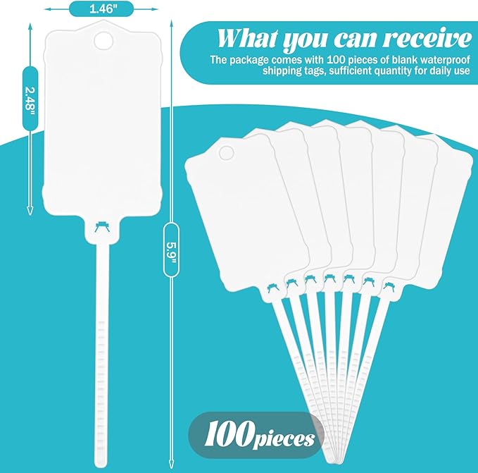 LeonBach 100 PCS Plastic Shipping Tags, 1.46" x 2.48", Waterproof Labels Writable Hanging Tag with Sealing Strap, Shipping Cable Tie Label Tags for Keys Luggage Logistic Inventory Retail (White)