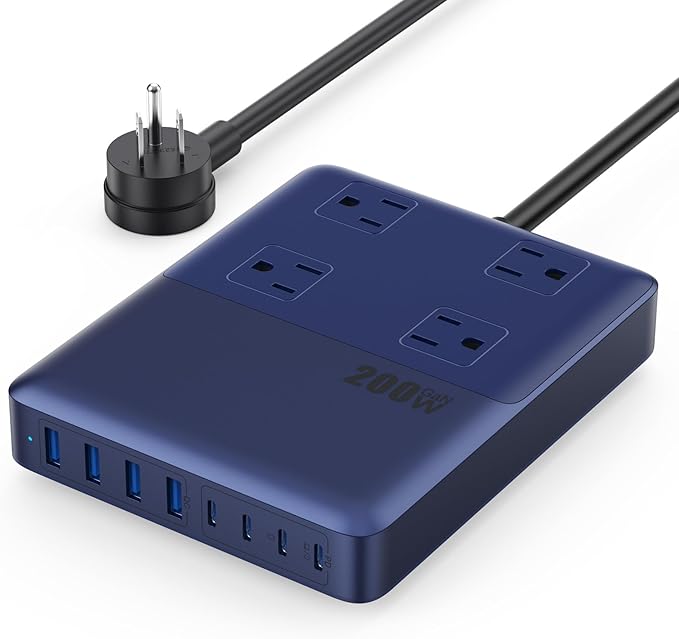 12-in-1 Charging Station USB C Power Strip with 5ft Cord,200W GaN IV USB C Charger Block,4 AC Outlets,8 USB for MacBook,iPhone 16/15/14,Fast Charging Desktop Charger for Office (A-Blue)