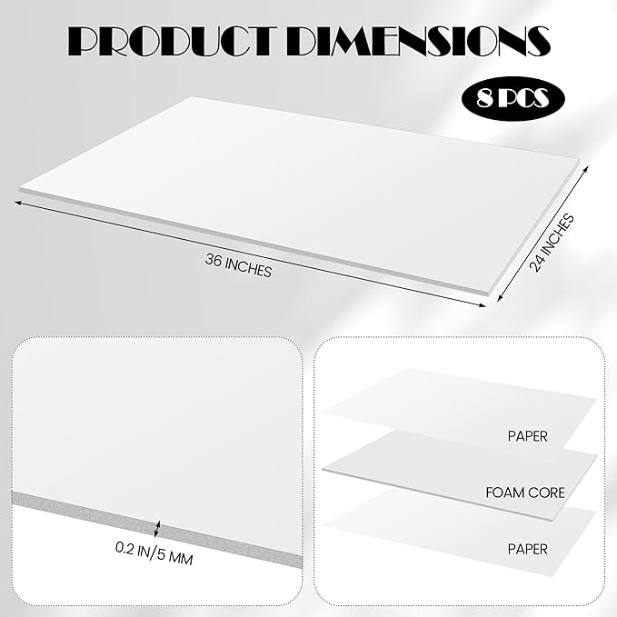 Elcoho 8 Pack White Foam Board, 24 x 36 Inch Acid-Free Foam Core Board, 5mm Thick Double Sided White Poster Boards for Presentation Art Display Office School Projects Crafting Sign Making