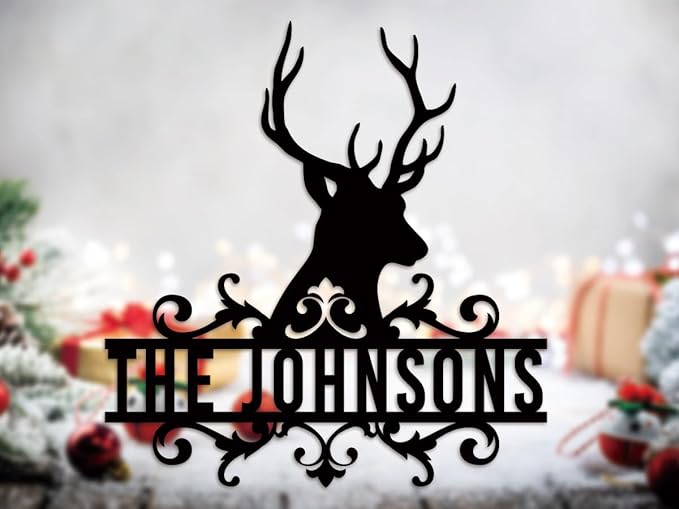 Metal Deer Scene Outdoor Family Wall Sign, Custom Deer Name Sign, Hunter Gifts Cabin Family Name Sign,Christmas Gifts for MenC