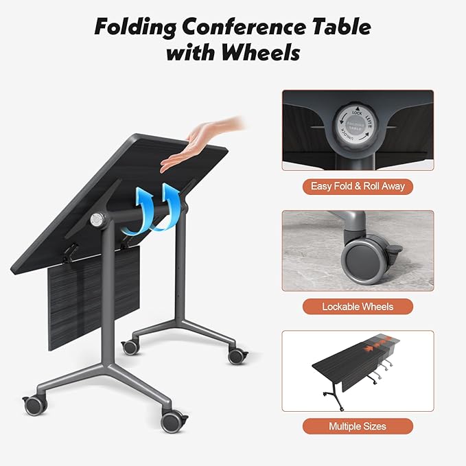 Goakwwuz Conference Room Table, Folding Conference Tables,Thicken Grey Tabletop,Flip Top Wooden Seminar Meeting Room Table for Conference Room Offices (8, BlackWoodGrain, 55.1”)