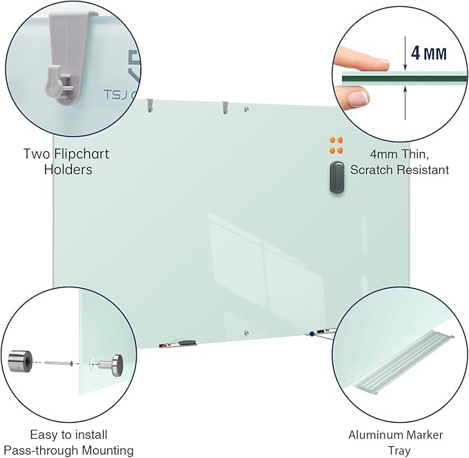 TSJ OFFICE Glass Dry-Erase Board - 8 x 4 Ft Wall Mounted Glass Magnetic Whiteboard, 96" x 48" Extra Large Frameless White Board for Office, Home & School