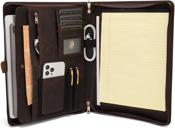 Geslun Personalized Genuine Leather Portfolio, Legal Size 8.5 x 14 Pad Holder, Custom Engraved Business Padfolio for Men Women, Zippered 14" Laptop Organizer, Professional Notepad Folio, Dark Brown