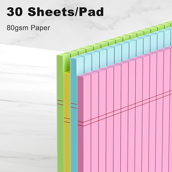 AILZFEI Colored Legal Pads 8.5 x 11 Note Pads 8.5x11 inch, Wide Ruled Clear Print Writing Pads 30 Sheets/Pad, 20lb Colored Paper, Perforated Notepad with Sturdy Back (4 Pads)