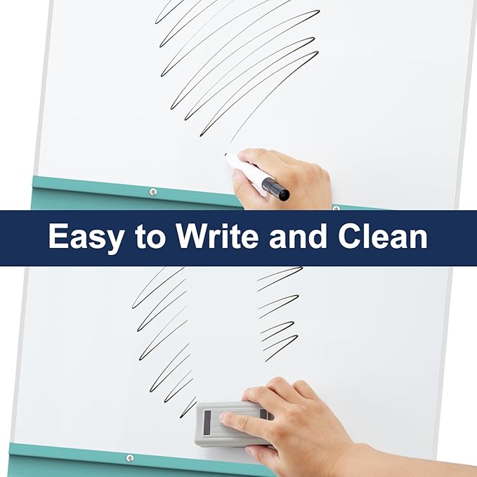 TSJ OFFICE Rolling Whiteboard Standing - 40 x 26 Inches Magnetic Mobile White Board with Stand, Height Adjustable Dry Erase Board on Wheels with Paper Clamp on Top, Light Blue