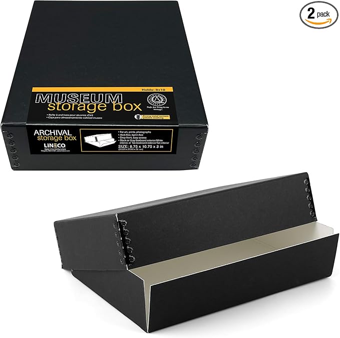Lineco Museum Archival Drop-Front Storage Box, Acid-Free with Metal Edges, 8.5 X 10.5 X 3 inches, Black (733-2008), Set of 2