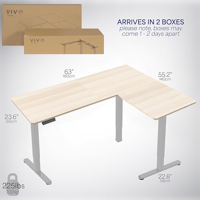 VIVO Electric Corner 63 x 55 inch L-Shaped Standing Desk, Memory Height Adjustment, Light Wood Top Gray Frame, DESK-E3CTGC