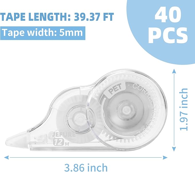 JEFURE 40 Pcs Correction Tape, 39.4 Ft White Wrong Out Tear-Resistant Bulk, Instant Corrections Easy To Use Applicator for School, Office, Note Taking, Journal (Tape Width 0.2 in, Clear)
