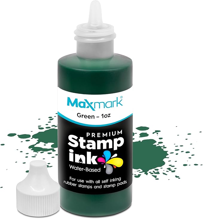 MaxMark Premium Refill Ink with Control Tip Bottle for Self-Inking Stamps, Green Color - 1 oz.