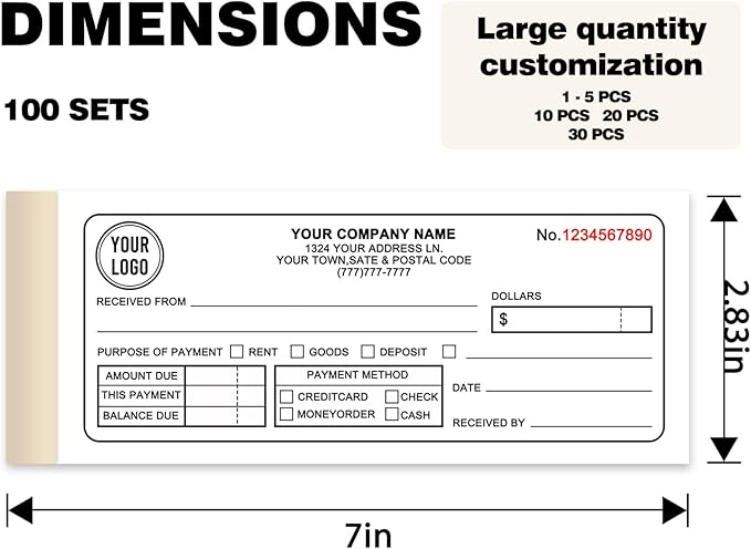 Custom Invoice Book with Logo 50 Set Personalized Receipt Books Customized Invoices for Small Business 3 - Parts Carbonless Duplicate Invoice Forms NCR Books