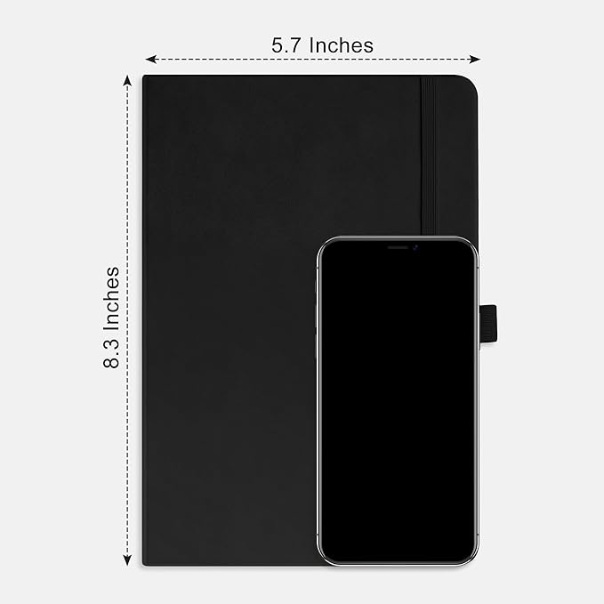 RETTACY Bullet Dotted Journal Notebook, 256 Pages, A5 Medium Size (5.7'' × 8.3''), Leather Hardcover, 120 GSM Thick Paper, for Bullet Journaling, Planning, Tracking (Black)