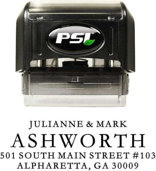 PrettySweetParty Self Inking Return Address Stamp - Custom 4 Line Personalized Address Stamp for Envelopes, Wedding Invitations, Business, Mailing Labels, Black Ink (All Serif)