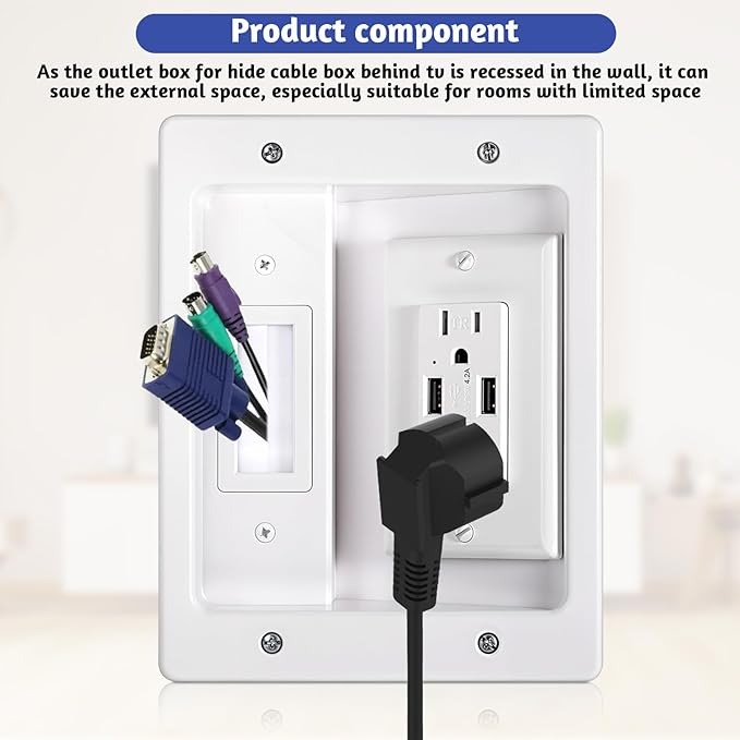 in Wall Cable Management Kit with Brush Wall Plate, AC Outlets & USB Ports, Recessed Outlet Box, for Walls Mount TV with Cable Management Box, in Walls TV Connection Kit for Home Theater Systems